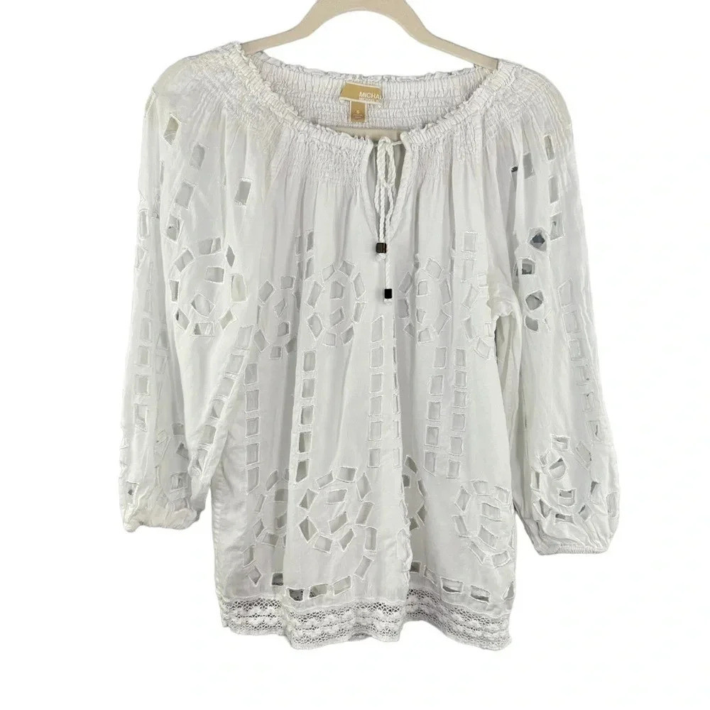 Michael Michael Kors White Eyelet Blouse Lined size Small‎ Minimalist Classic